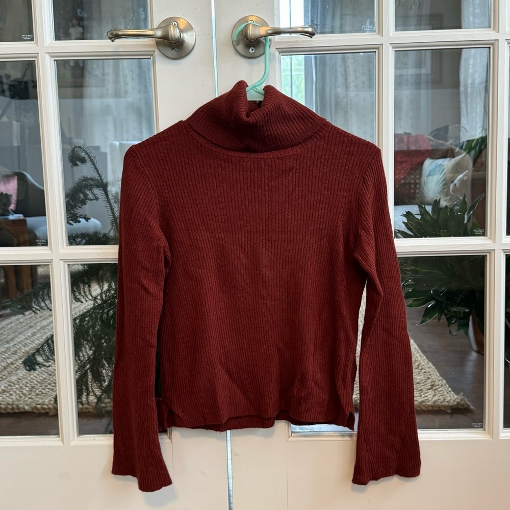 burnt ember turtleneck sweater with bell sleeves